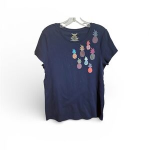 Upcycled Faded glory Navy vneck T-Shirt with Colorful Pineapple decals ladies xl